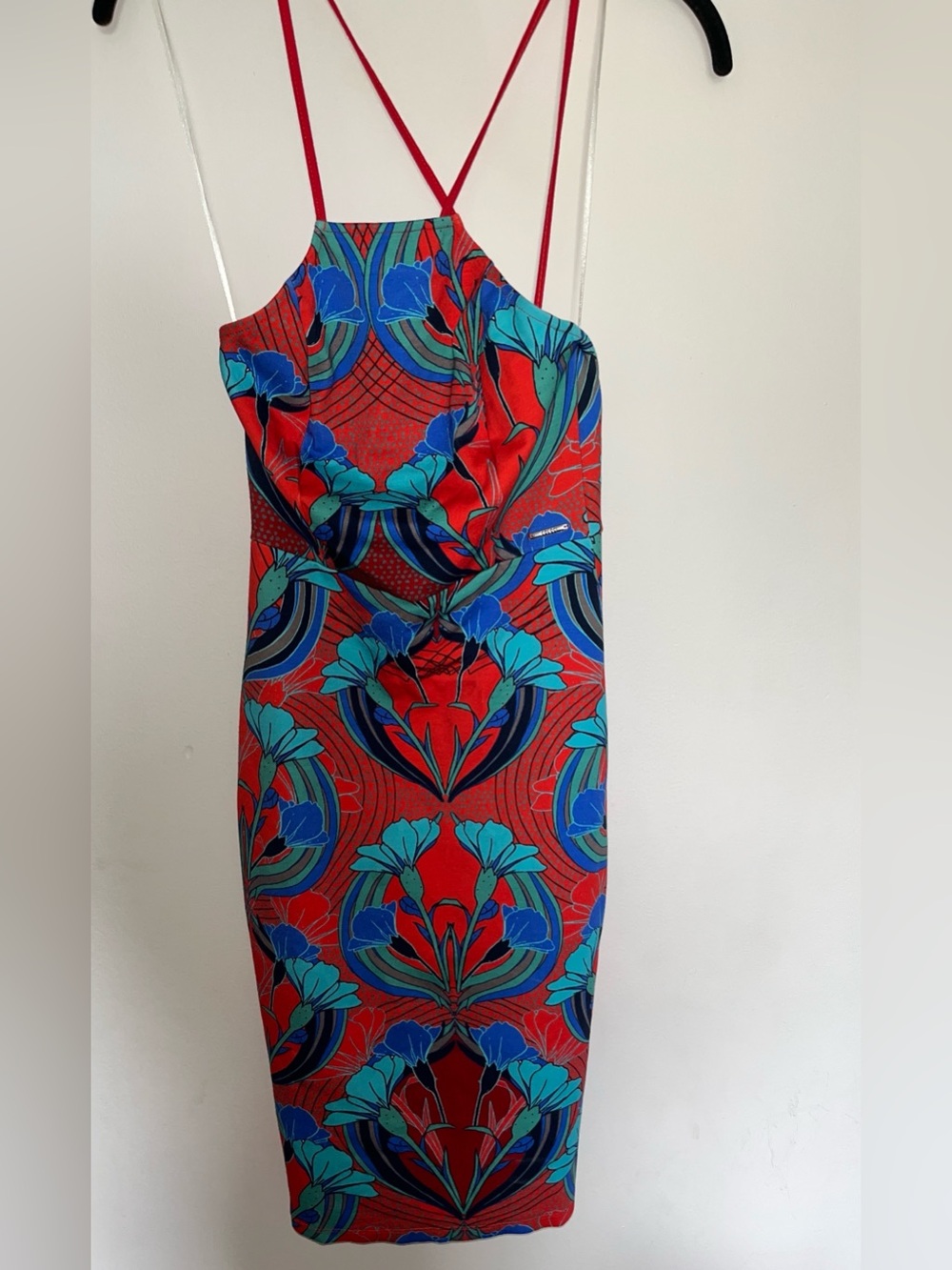 Red Floral Halter Midi Dress with Blue Floral Accents
